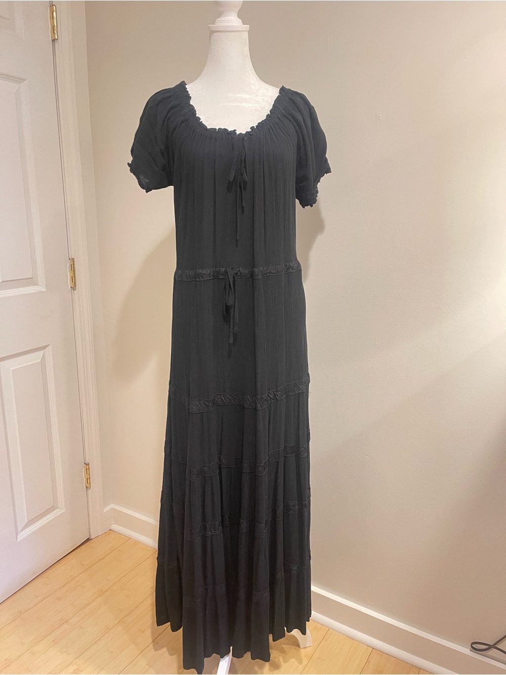 Women's Black Tiered Maxi Dress with Drawstring Waist